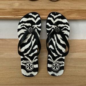 Tory Burch black & white zebra striped flip flops
